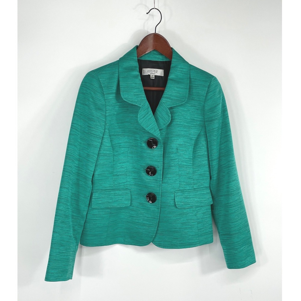 Kasper Women Blazer 6P Petite Green Textured‎ 3 Button Professional Coat